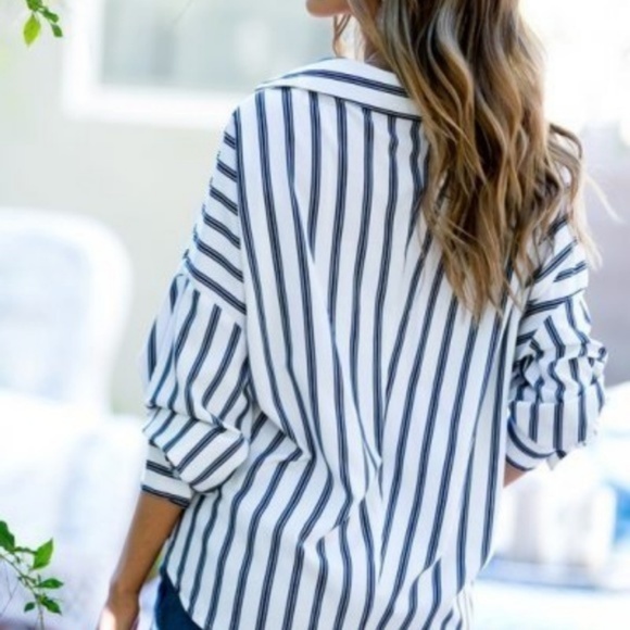 Key West Navy and Off White Striped Button Up Top - Picture 6 of 6